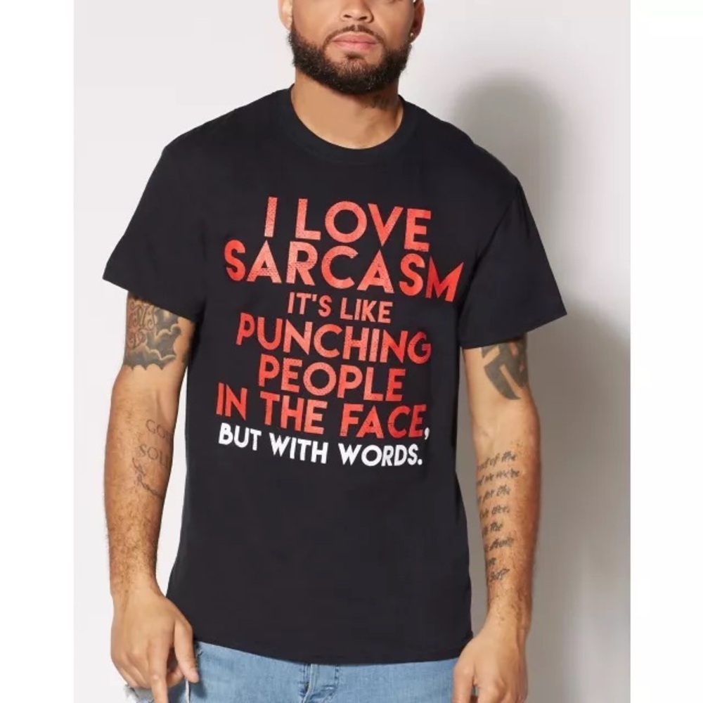 NWT Spencer’s Y2K Black Short Sleeve Crew Neck I Love Sarcasm TShirt Size: Small